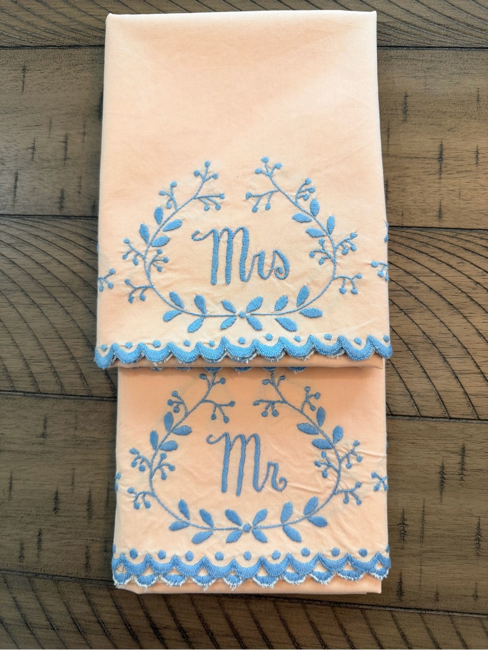 Vintage 1950’s Hand Embroidered Mr. & Mrs. Peach pillow Cases with Blue Trim